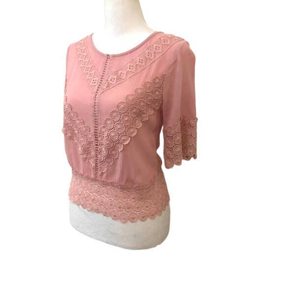 Self Esteem Pink Lace-Trim Crewneck Short Bell Sleeve Back Tie Top Size Small - Picture 3 of 7